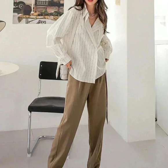 White Elegant Women's Striped Print Drop Shoulder Shirt - Picture 8 of 8